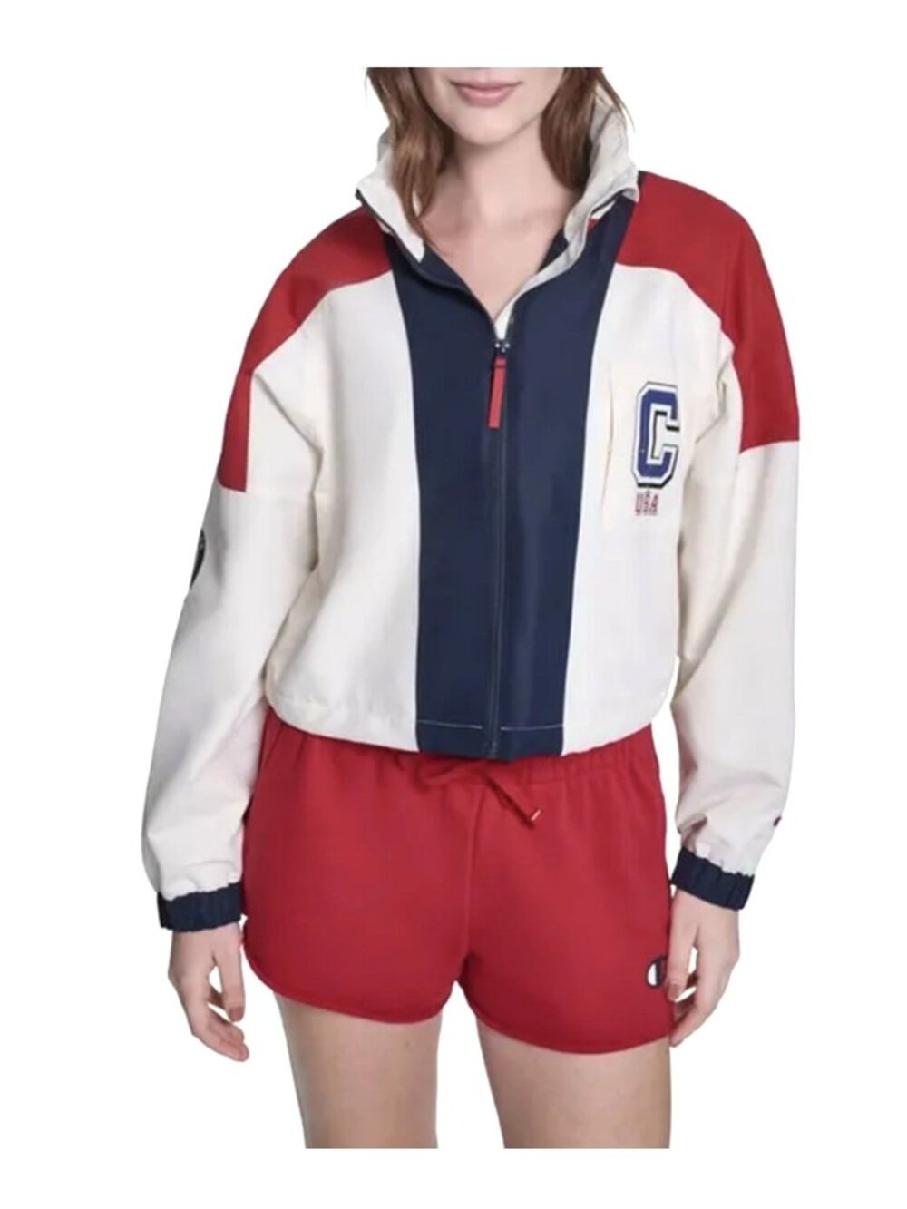 Champion Women's Olympic Americana Cropped Windbreaker Jacket Cream Small NWT